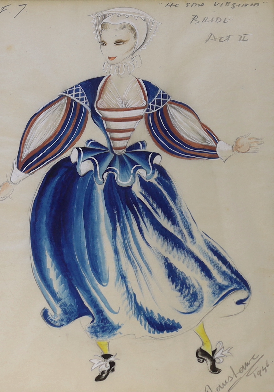Modern British, heightened mixed media, Theatrical costume design, indistinctly signed and dated 1956, 33cm x 23cm